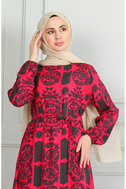 sefamerve Φούξια φόρεμα βισκόζης - με μοτίβο και φύλλο 0499-08