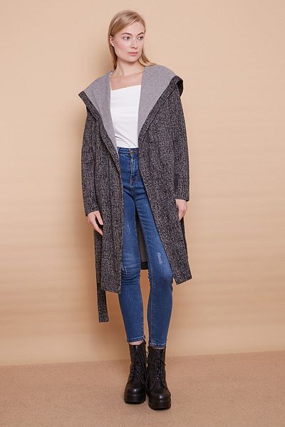 Jument Lână de iarnă Jacquard Glugă cu mânecă lungă înfășurată Cardigan cu șireturi - negru Diogonel