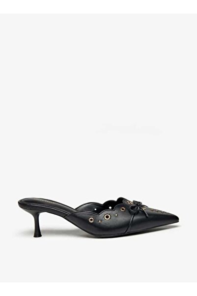 Flora Bella by Shoexpress Flora Bella Eyelet Tetxured Slip-On Mules with Bow Applique and Cone Heels