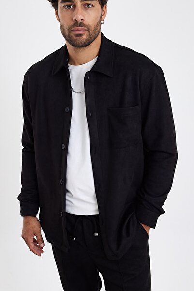 MADZEYMODA New Season Men's Single Pocket Scuba Black Suede Shirt Mz19811
