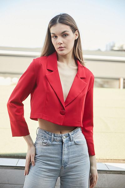 Jument Women's Double Breasted Wrap Lightweight Lycra Fabric Crop Short Blazer Jacket-Red