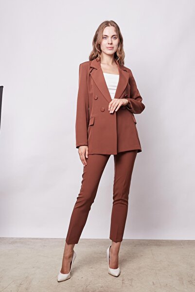 Jument Dark Tan Women's Blazer Jacket - Button Detail, Long Sleeve, Pocket Cover