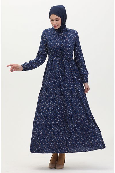 sefamerve Indigo Viscose Dress - Buttoned Front, Model 0514-04