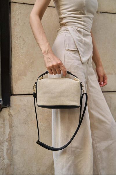 Madamra Schwarz-Creme Damen Canvas Tote Umhängetasche