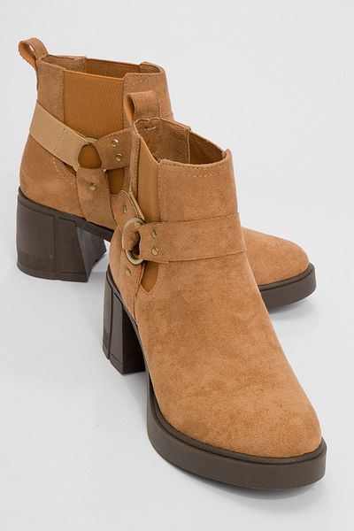 LuviShoes Γυναικείες μπότες με χοντρό τακούνι FELİN Tan Suede ελαστική πόρπη