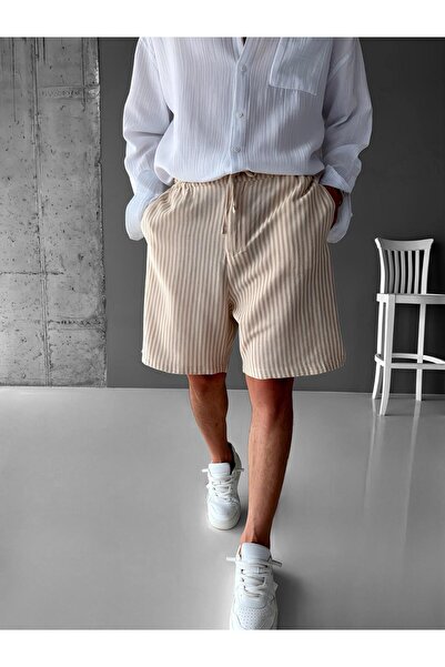 ablukaonline Men's Elastic Waist Line Patterned Shorts Cream