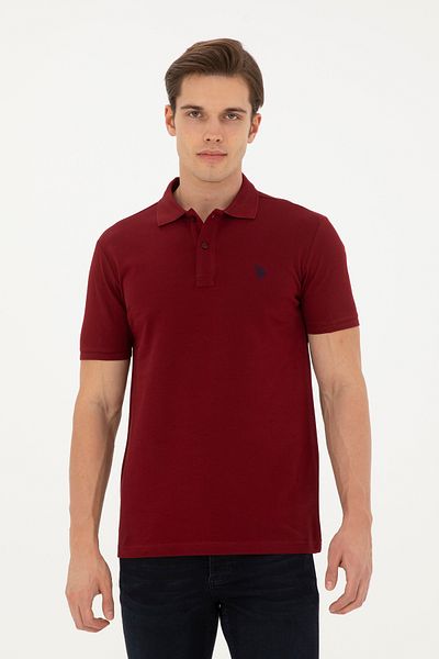 U.S. Polo Assn. تي شيرت رجالي ذو قصة ضيقة وياقة بولو باللون الأحمر الداكن 50279573 -vr177