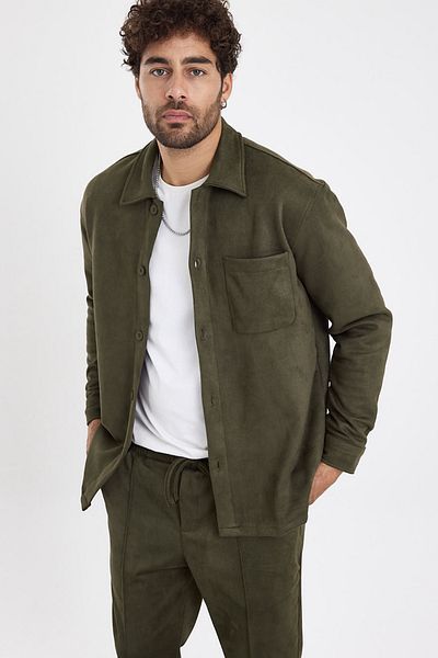 MADZEYMODA New Season Ανδρικό πουκάμισο με μονή τσέπη Scuba Khaki Green Suede Mz19811