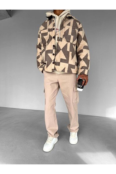 ablukaonline Ανδρικό καφέ Oversize μάλλινο μπουφάν με γεωμετρικό σχέδιο