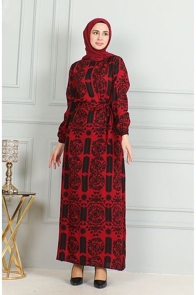 sefamerve Red Viscose Dress - Patterned and Belted 0499-05