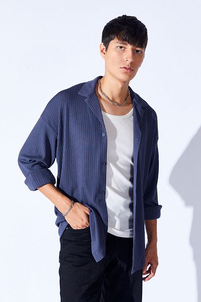 Manche Anthracite Men's Shirt - Jacquard, Thick Texture, Apache Collar, Long Sleeve |   Mann 199990 -1