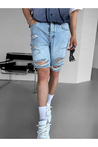ablukaonline Men's Baggy Distressed Jean Shorts Light Blue
