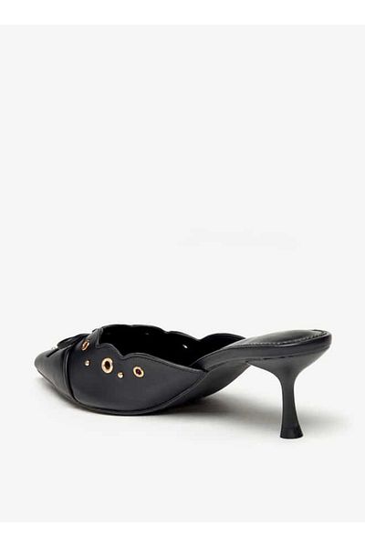 Flora Bella by Shoexpress Flora Bella Eyelet Tetxured Slip-On Mules with Bow Applique and Cone Heels