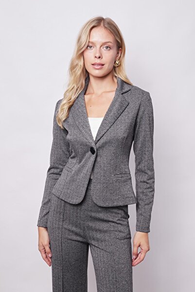 Jument Patterned Light Lycra Soft Textured Black HerringboneMonoBlazer Jacket