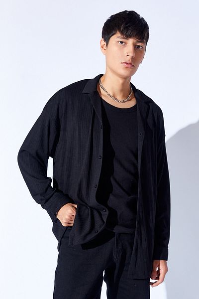 Manche Oversize Knitted Jacquard Thick Textured Apple Collar Long Sleeve Men's Shirt |   Black Mann 199990 -1
