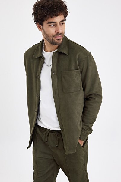 MADZEYMODA New Season Ανδρικό πουκάμισο με μονή τσέπη Scuba Khaki Green Suede Mz19811