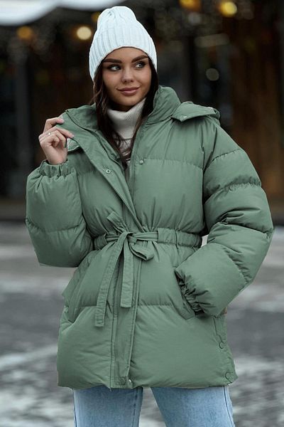 Madmext Khaki Hooded Puffer Jacket with Belt Detail Mg2179