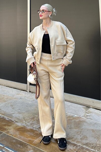 Madmext Bej Bisiklet Yaka Ceket Alt Üst Eşofman Takımı MG2182