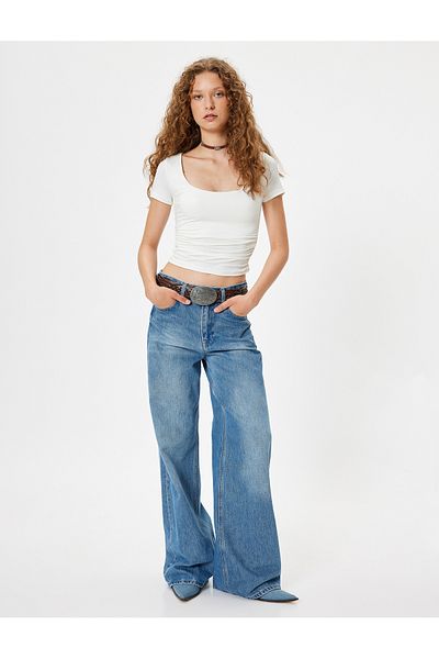 Koton U-Neck Slim Fit Draped Short Sleeve T-Shirt