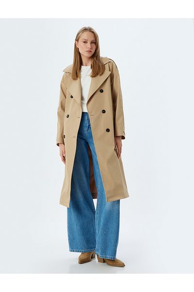 Koton Double Breasted Buttoned Belt Detailed Long Oversize Trench Coat with Pockets