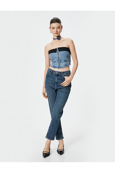 Koton Mom-Jeans mit hoher Taille, dehnbare Taschen, eng anliegende Baumwolle – Slim Mom-Jeans