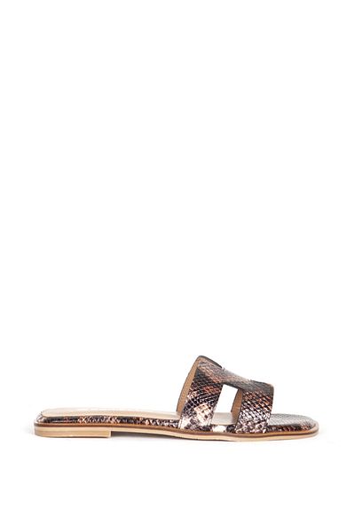 Dericlub Καφέ γυναικείες παντόφλες - Snake printed, Real Leather, Flat Sole Pl 041031