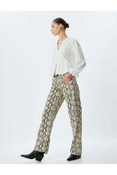 Koton Snakeskin Patterned Straight Cut Jean Trousers