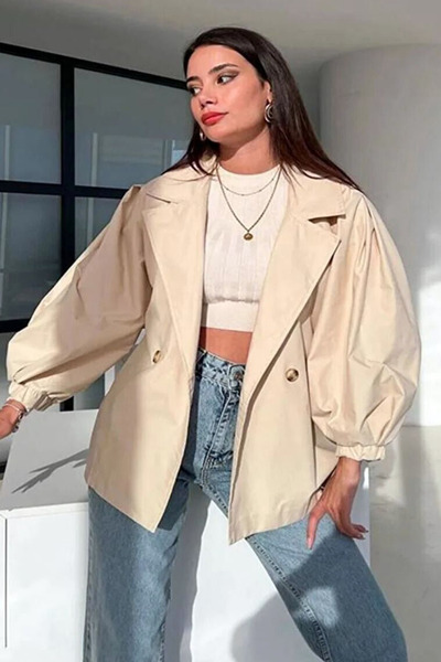 MissThetis Ucu Lastikli Uzun Balon Kollu Düğmeli Kruvaze Yaka Cepsiz Astarlı Düz Kesim Şık ve Cool Trençkot