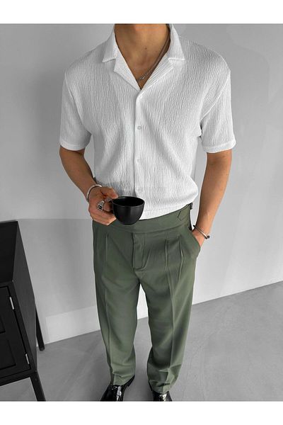 ablukaonline Herren-Hemd Long Fit aus Seersucker mit flexiblem kubanischem Kragen, Weiß