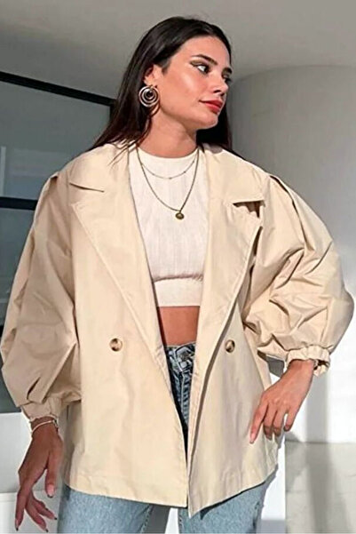 MissThetis Ucu Lastikli Uzun Balon Kollu Düğmeli Kruvaze Yaka Cepsiz Astarlı Düz Kesim Şık ve Cool Trençkot