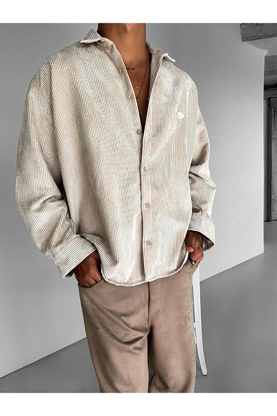 ablukaonline Ανδρικό πουκάμισο με ραβδώσεις Oversize Μπεζ