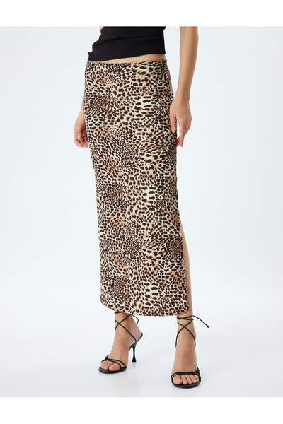 Koton Leopárd mintás hosszú, vékony szabású szoknya - ceruzaforma és résrészlet