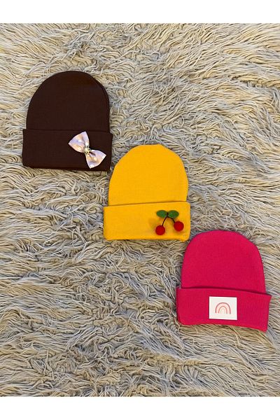 enes baby Pack of 3 Girls' Berets with Flexible Ribbon Cherry Ribbon Label