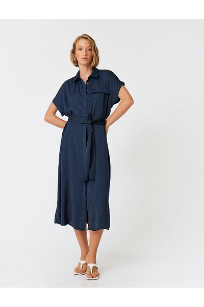 Koton Φόρεμα Aerobin Fabric Midi Shirt - Κοντό μανίκι με λεπτομέρεια ζώνης