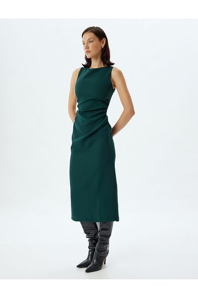 Koton Crepe Slim Fit Midi Pencil Dress - Sleeveless Crew Neck