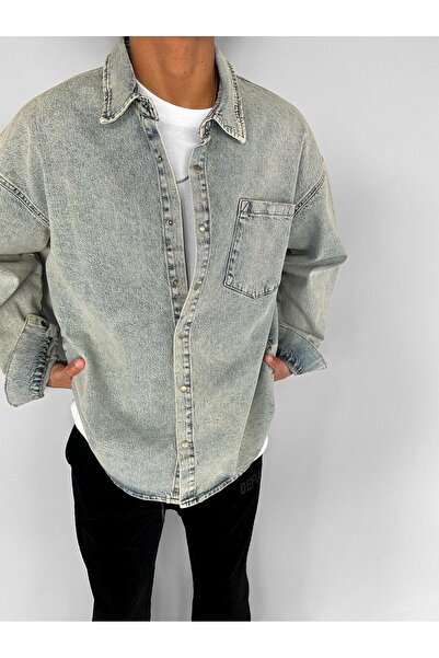 ablukaonline Ανδρικό τζιν πουκάμισο Ice Blue Oversize - με τσέπες