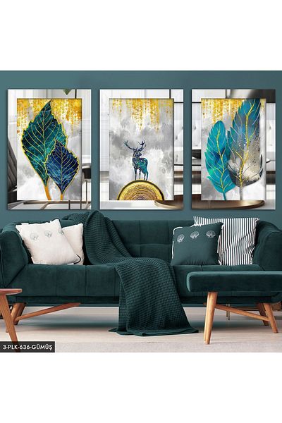 Evinemoda Pictură din plexiglas Leaf Deer din 3 piese cu cadru în oglindă