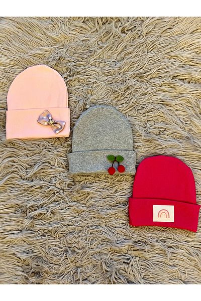 enes baby Pack of 3 Girls' Berets with Flexible Ribbon Cherry Ribbon Label
