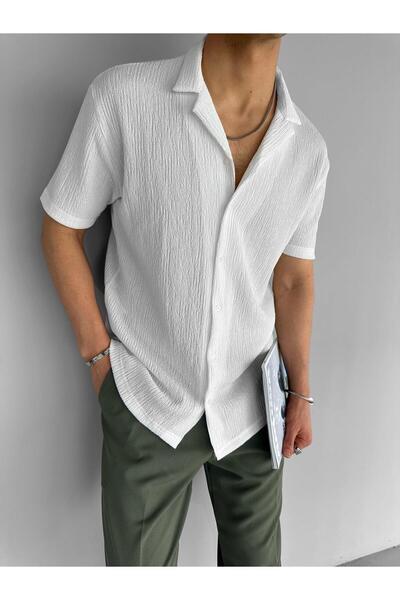 ablukaonline Ανδρικό πουκάμισο Seersucker με μακριά εφαρμογή, ελαστικό κουβανέζικο γιακά λευκό