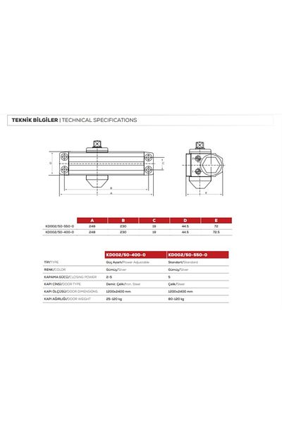 KALE Kapı Hidroliği Kd002/50-400 Gümüş 2-5 Güç Ayarlı