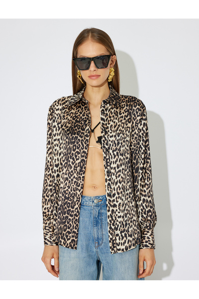 Koton Leopar Saten Gömlek Uzun Kollu