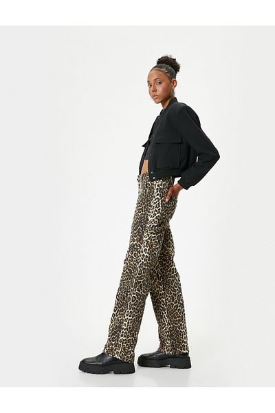 Koton Bianca Jeans - Leopard Print, Standard Waist, Straight Leg Jeans