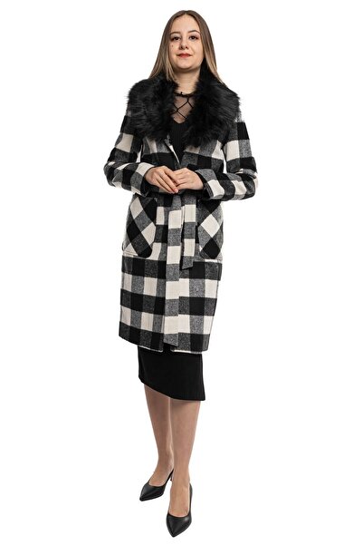 Olcay 3774 Ekose Yaka Kürklü Kadın Kaşe Kaban