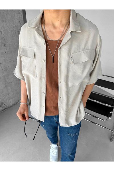 ablukaonline Ανδρικό πουκάμισο σε μπεζ χρώμα - Extra Oversize, με δύο τσέπες