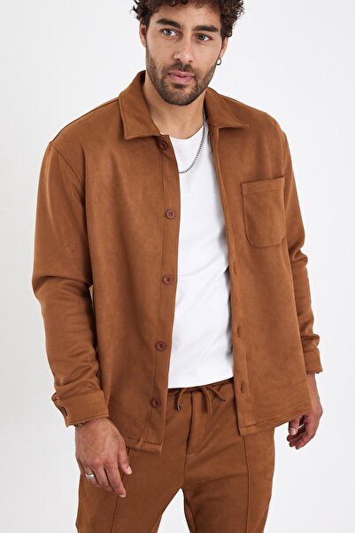 MADZEYMODA New Season Ανδρικό πουκάμισο με μονή τσέπη Scuba Cinnamon Color Suede Mz19811