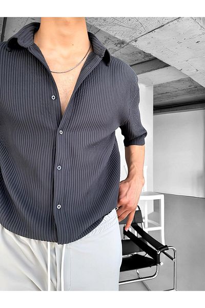 ablukaonline Smoked Color Ανδρικό πουκάμισο Oversize - Κουβανέζικο γιακά, Σχέδιο με ραβδώσεις