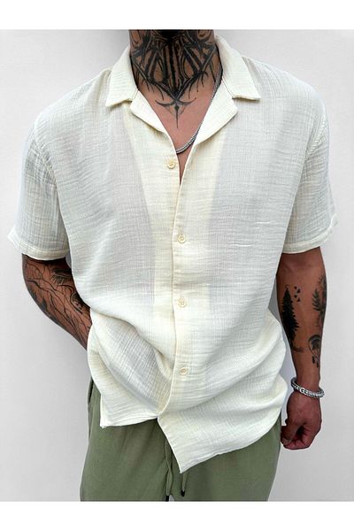 ablukaonline Ανδρικό λινό πουκάμισο Oversize - Κρεμ Χρώμα
