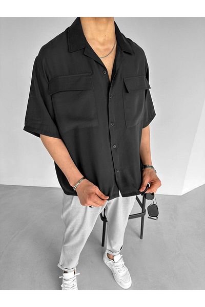 ablukaonline Μαύρο ανδρικό πουκάμισο - Extra Oversize, δύο τσέπες