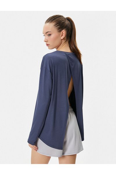 Koton Sport-T-Shirt, langärmelig, Rundhalsausschnitt, Viskosestoff mit Schlitzdetail auf der Rückseite