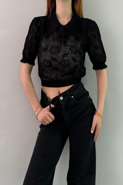 lizge giyim POLO NECK FLOWER BUCKLE BOW DETAIL TRICOT